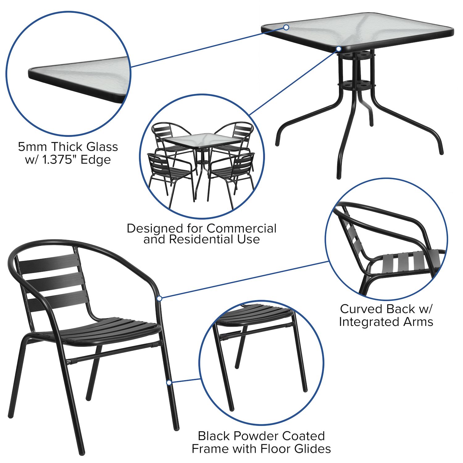 Flash Furniture Square Patio Table and Slat Back Chair 5-piece Set