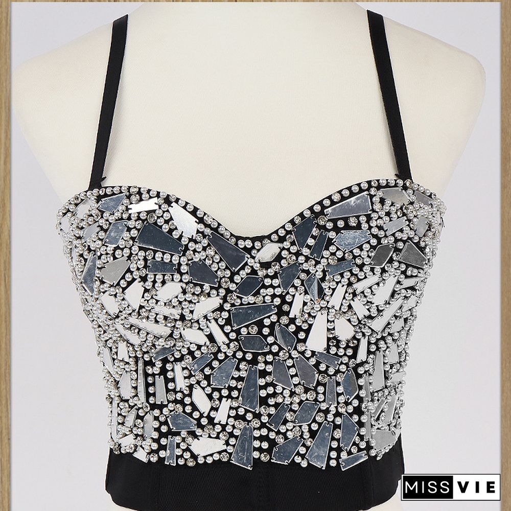 Sexy Beaded Diamond Sequins Women Camis Cropped Top Night Club Party Corset Crop Top To Wear Out Push Up Bustier Bra Db905