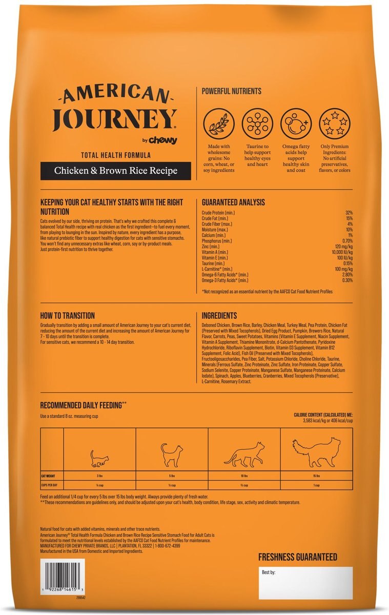 American Journey Sensitive Stomach Total Health Formula Chicken and Brown Rice Recipe Dry Cat Food， 15lb bag