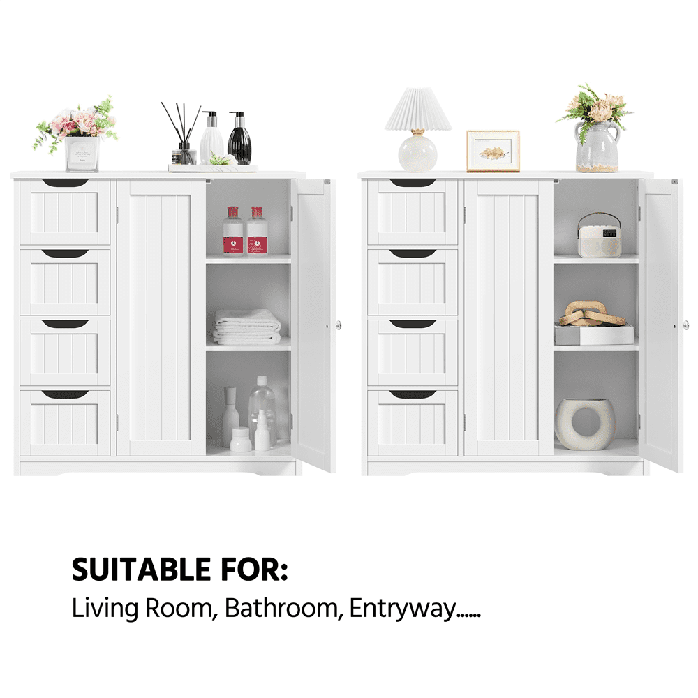 SmileMart Wooden Bathroom Floor Storage Cabinet with 4 Drawers and Double Doors for Home, White