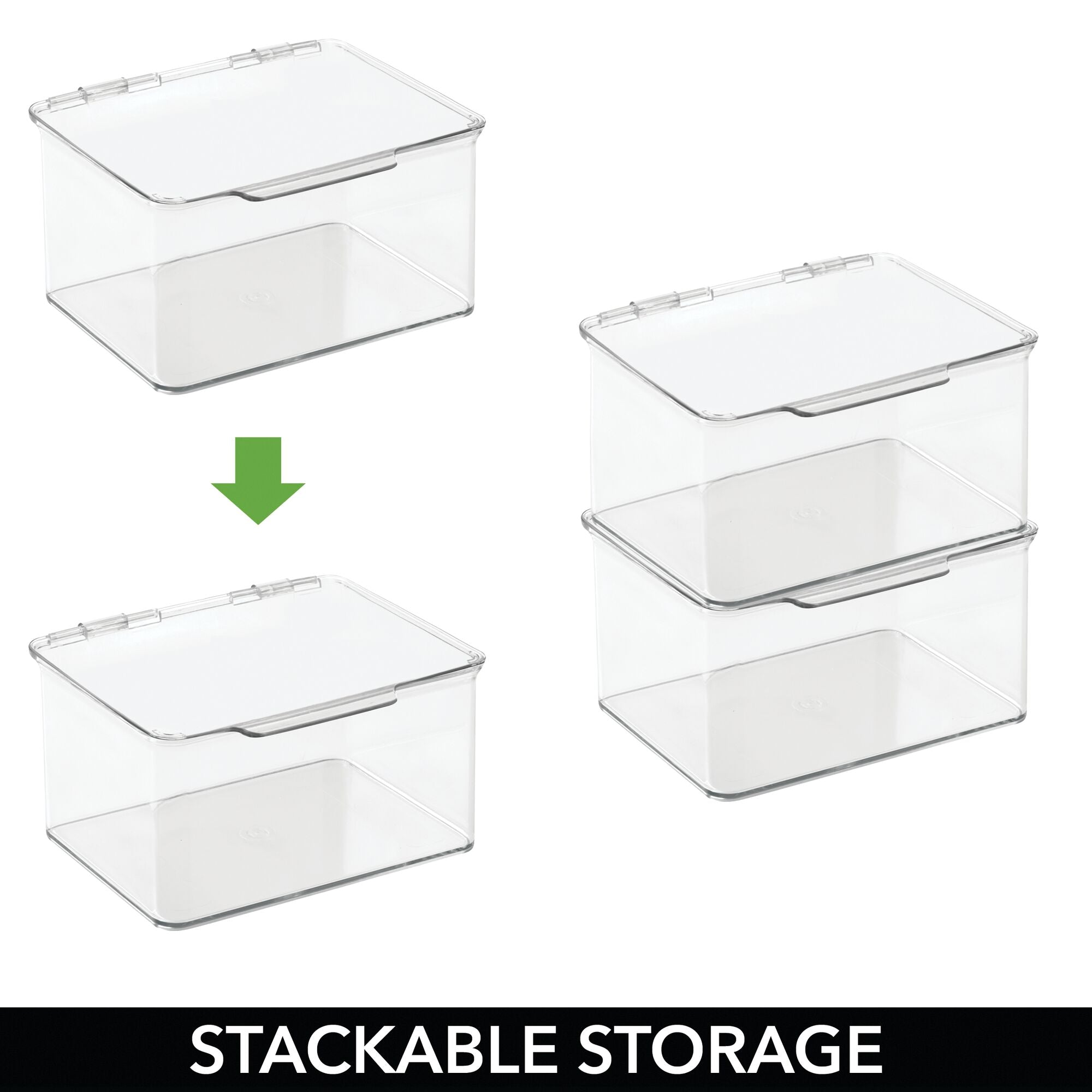 mDesign Plastic Stackable Kitchen Pantry Cabinet/Refrigerator Food Storage Container Box, Attached Lid - Organizer for Coffee, Tea, Packets, Snack Bars - 4 Pack, Includes 32 Labels - Clear