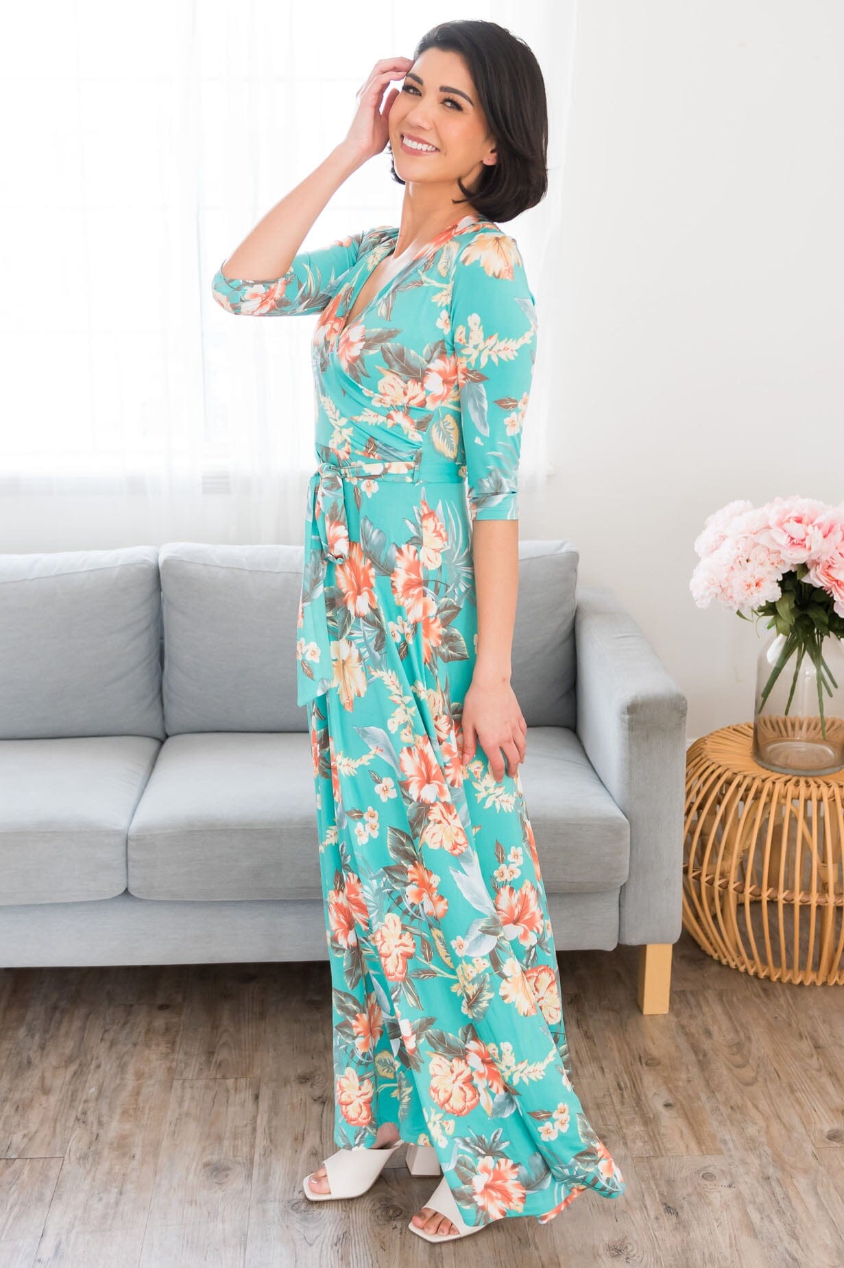 Crystal aqua floral plain long dress