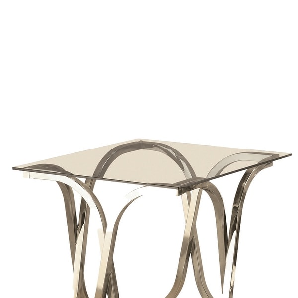 Tempered Glass Top End Table with Curved X Metal Frame， Clear and Silver