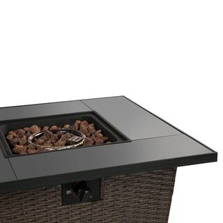 Teamson Home 30 in. Rattan Base Tempered Glass Top Propane Firepit with Lava Rock Metal Lid and Regulator HF30200AA