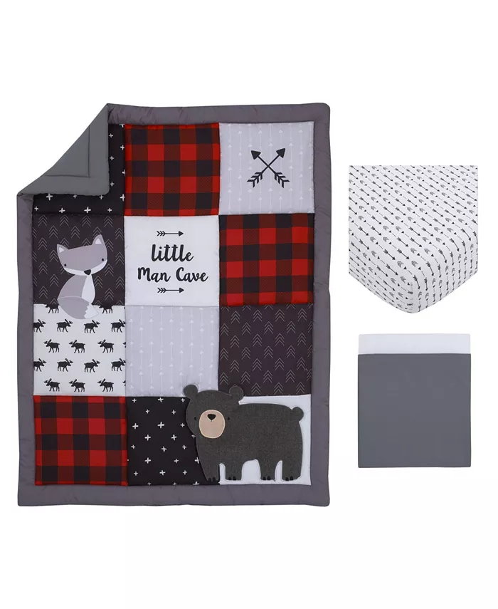 NoJo Little Man Cave Bear， Fox， Moose， Buffalo Check and Arrows Rustic Nursery Crib Bedding Set， 3 Piece