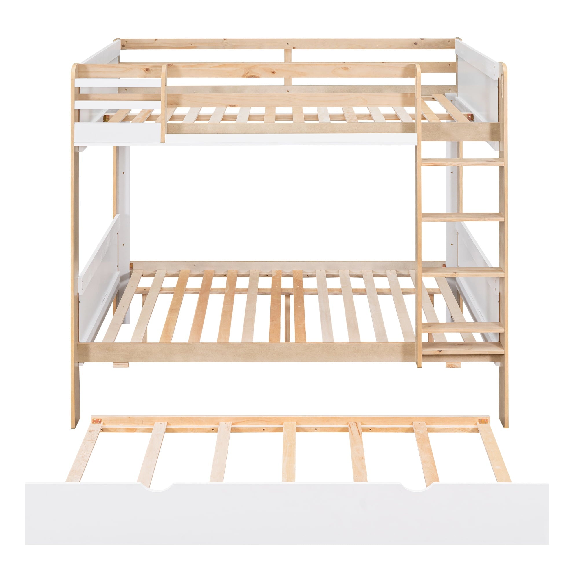 Full over Full Bunk Bed with Trundle and Little Shelf for Kids Bedroom, White