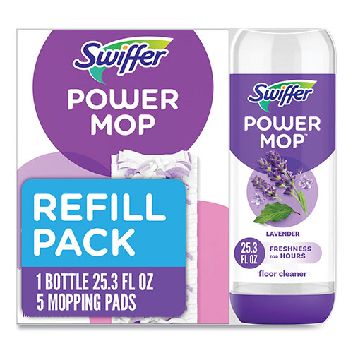 Procter and Gamble Swiffer PowerMop Cleaning Solution and Pads Refill Pack | Lavender， 25.3 oz Bottle and 5 Pads per Pack， 4 Packs