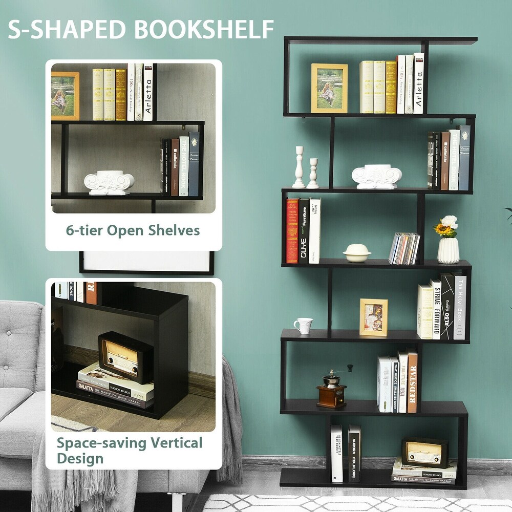 Gymax 6 Tier S Shaped Bookshelf Storage Display Bookcase Decor Z Shelf   31.5'' x 9'' x 75''