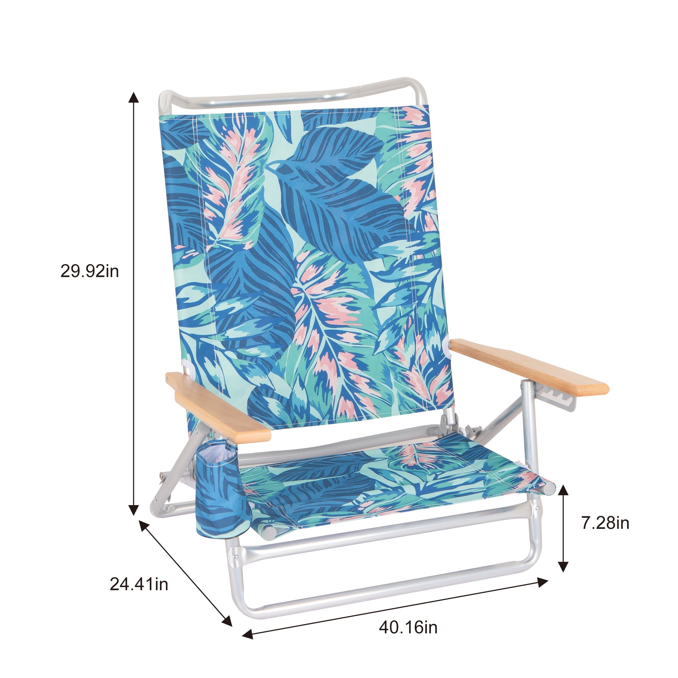 Mainstays Wood Arm Reclining Lay-Flat Beach Chair, Green Palm