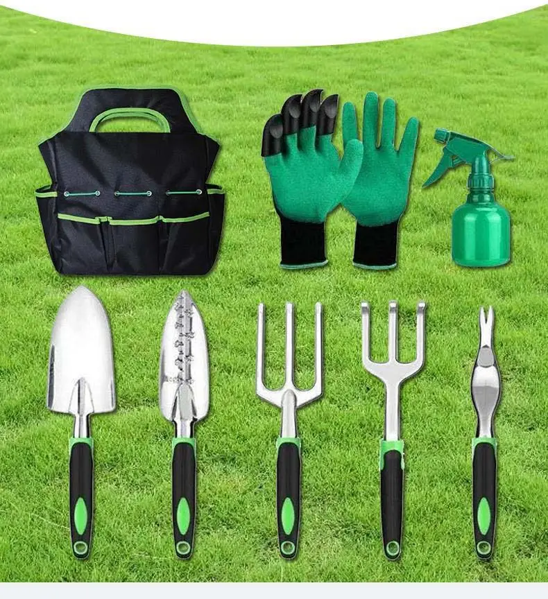 Wholesales 7 in 1 Aluminum Gardening Hand Tools Set Kit Shovel Fork Rake Weeder with Storage Tote Bag for Transplanting Digging