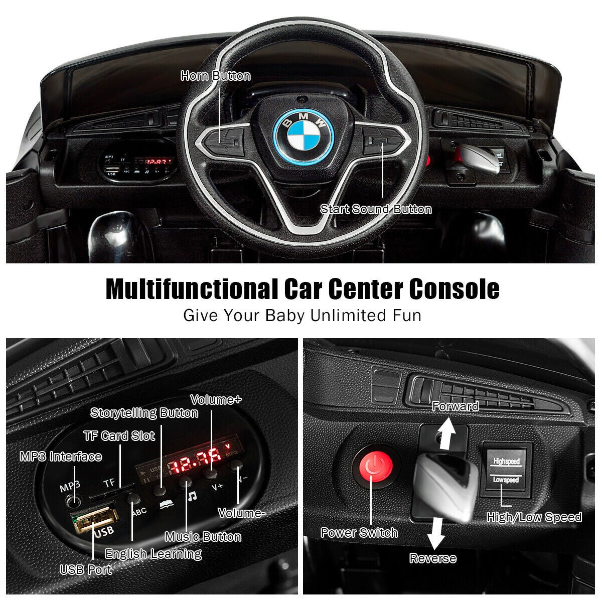 Costzon Ride on Car, Licensed BMW i8, 12V Battery Powered Electric Vehicle w/ 2 Motors, 2.4G Remote Control, 3 Speeds