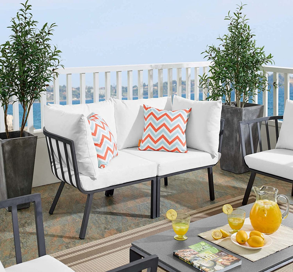 Outdoor Loveseat   Weather Gray Aluminum Frame With Cushioned Seat   Transitional   Outdoor Loveseats   by Decor Love  Houzz