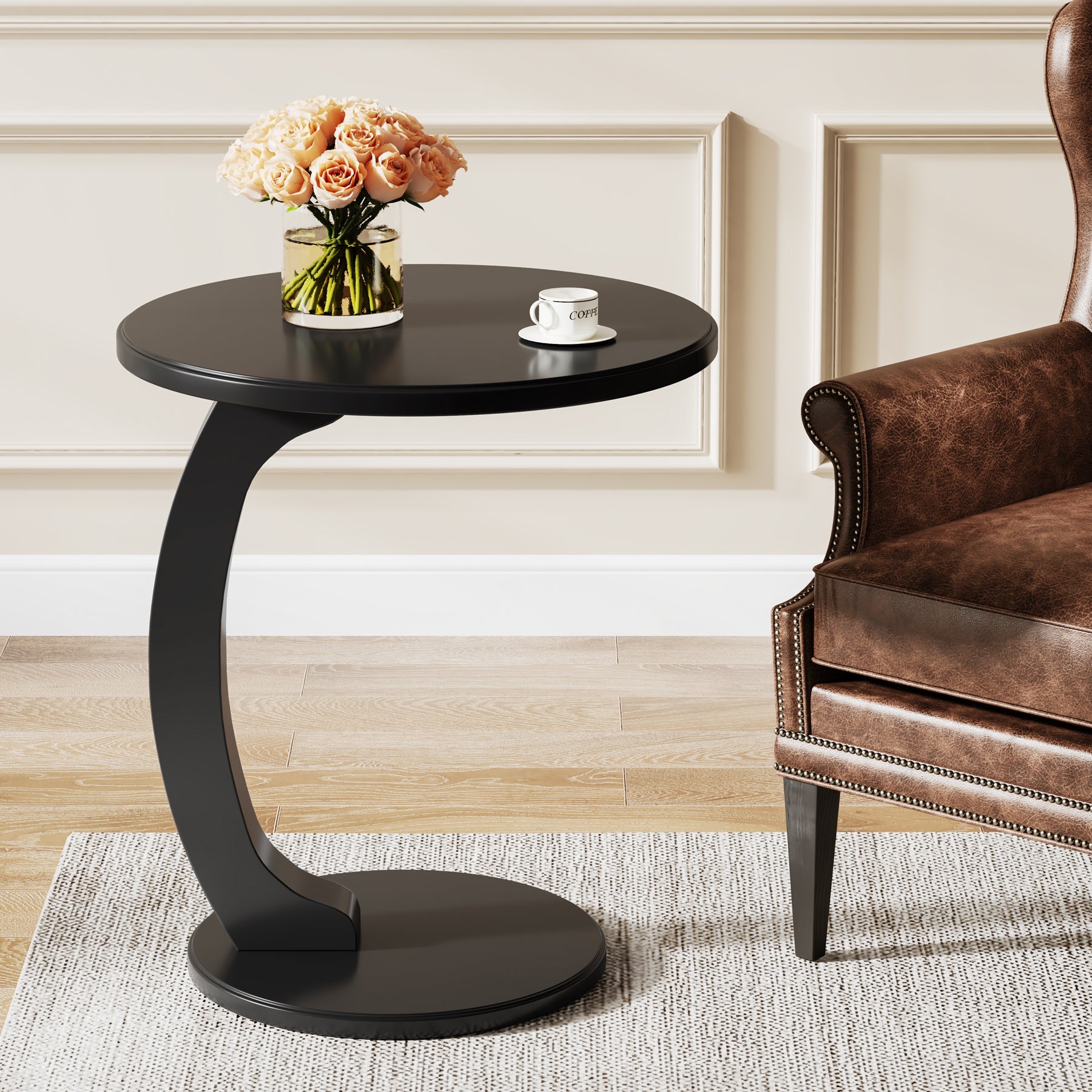 C-Shaped End Table, Round Solid Wood Side Table for Living Room