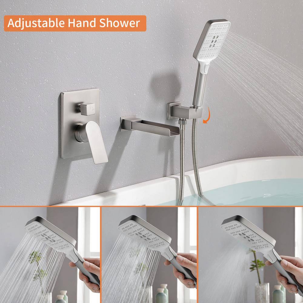 FLG Single-Handle Wall-Mount Roman Tub Faucet with Hand Shower Waterfall Bathtub Filler in Brushed Nickel SS-0028-BN