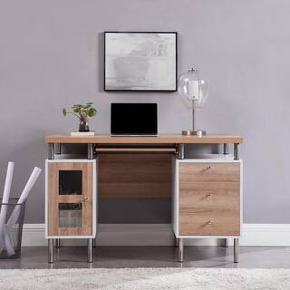 MAYKOOSH 47.2 in. W WhiteNatural Contemporary 2-Tone Desk Rectangular 3-Drawers Executive Desk Cabinet 11225HD