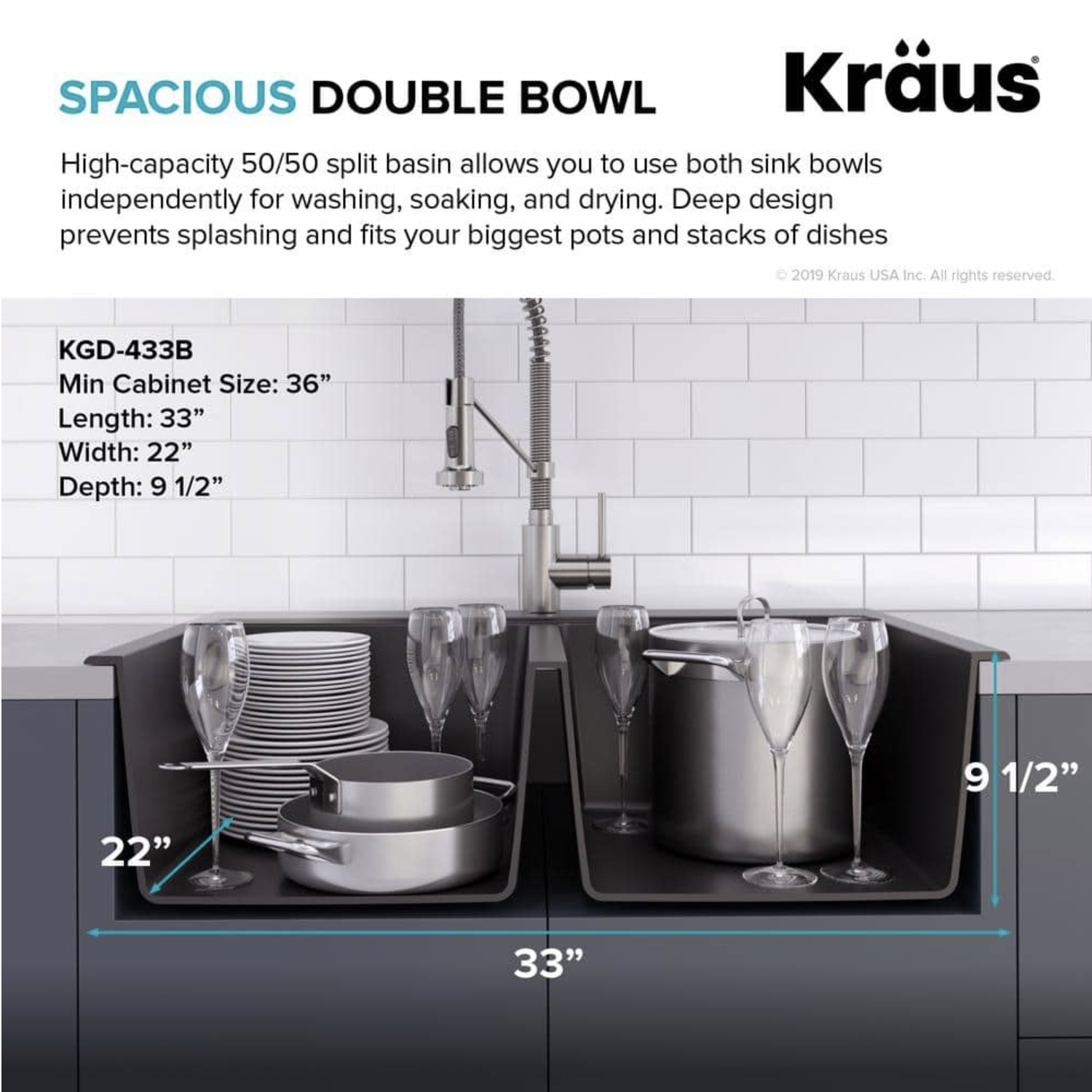 Kraus 33 Inch Dual Mount 50/50 Double Bowl Granite Kitchen Sink w/Topmount and Undermount Installation in Black Onyx