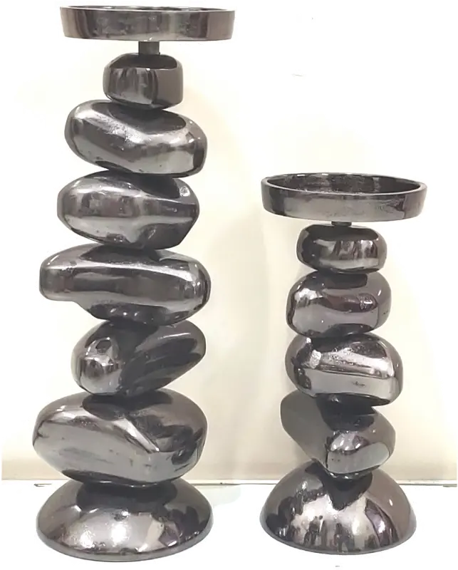 10 Inch Charcoal Gray Metal Faux Stacked Stones Candle Holder