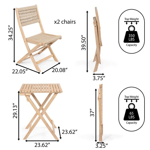 Cadiz Modern Coastal 3Piece Acacia Wood Outdoor Folding Bistro Set，by JONATHAN Y