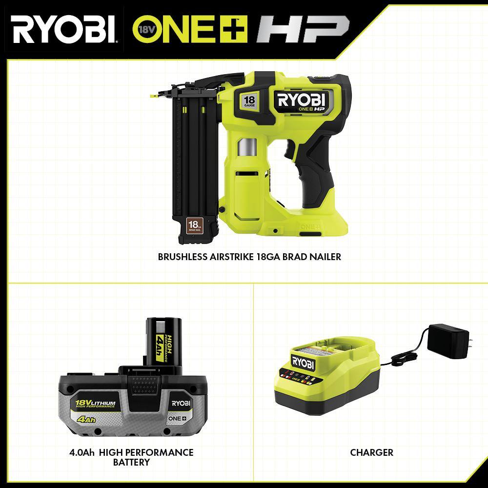 Ryobi ONE+ HP 18V 18-Gauge Brushless Cordless AirStrike Brad Nailer Kit with 4.0 Ah Battery and Charger P322K