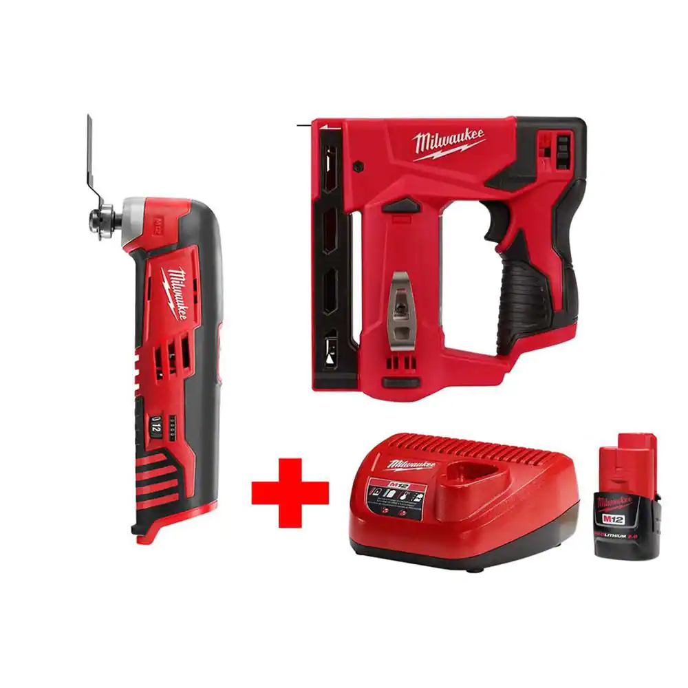 Milwaukee M12 12V Lithium-Ion Cordless 3/8 in. Crown Stapler and Multi-Tool Combo Kit With (1) 2.0Ah Battery And Charger