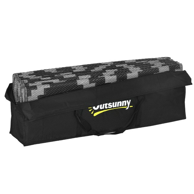 Outsunny Rv Mat Outdoor Patio Rug Large Camping Carpet With Carrying Bag 9 x27 X 12 x27 Waterproof Plastic Straw Reversible Black amp Gray Geometric