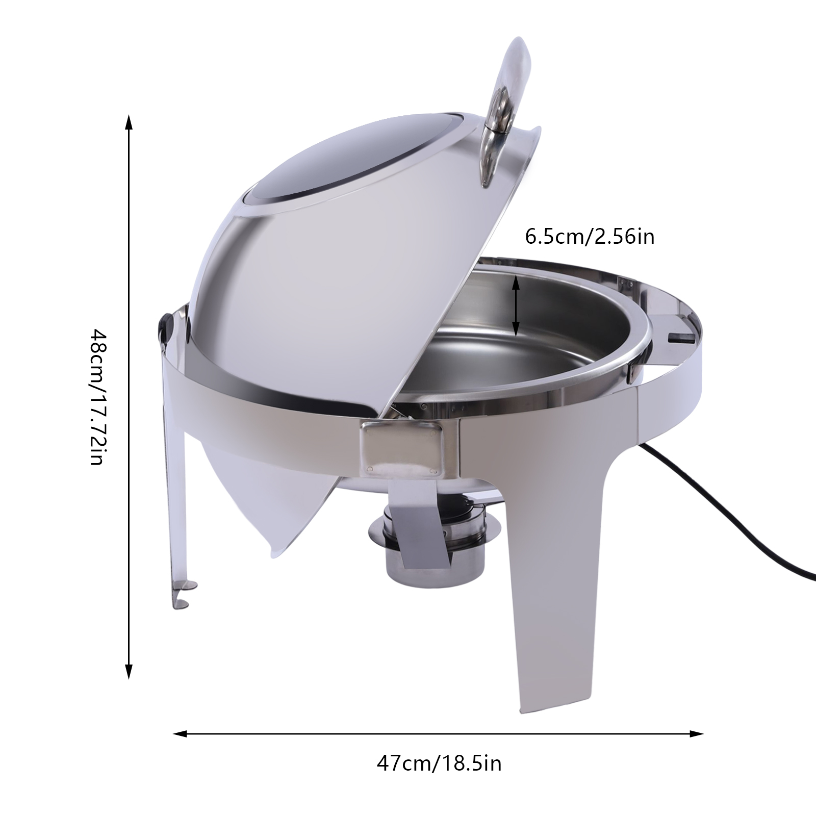 Miumaeov 6L Chafing Dish Round Roll Top Bundle Electric and Alcohol Heating Stainless Steel Chafer with Glass Transparent Body Roll Top Chafing Dish Bundle Buffet Food warmer Set For Catered Events