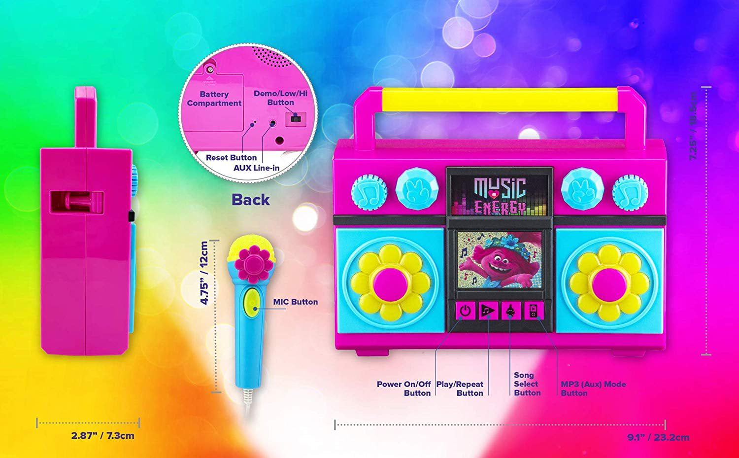 KIDdesigns Trolls World Tour Sing Along Boombox Karaoke with Microphone， Flashing Lights