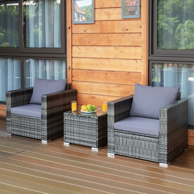 Tangkula 3 piece Patio Wicker Conversation Set Bistro Rattan Sofa Chair With Washable Cushion Gray