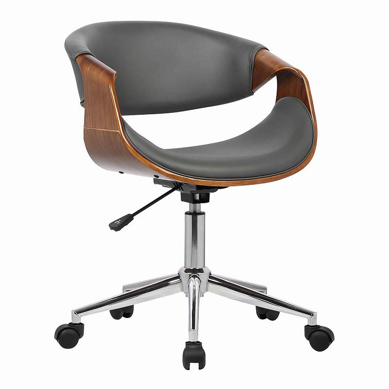 Curved Leatherette Wooden Frame Adjustable Office Chair， Brown and Gray