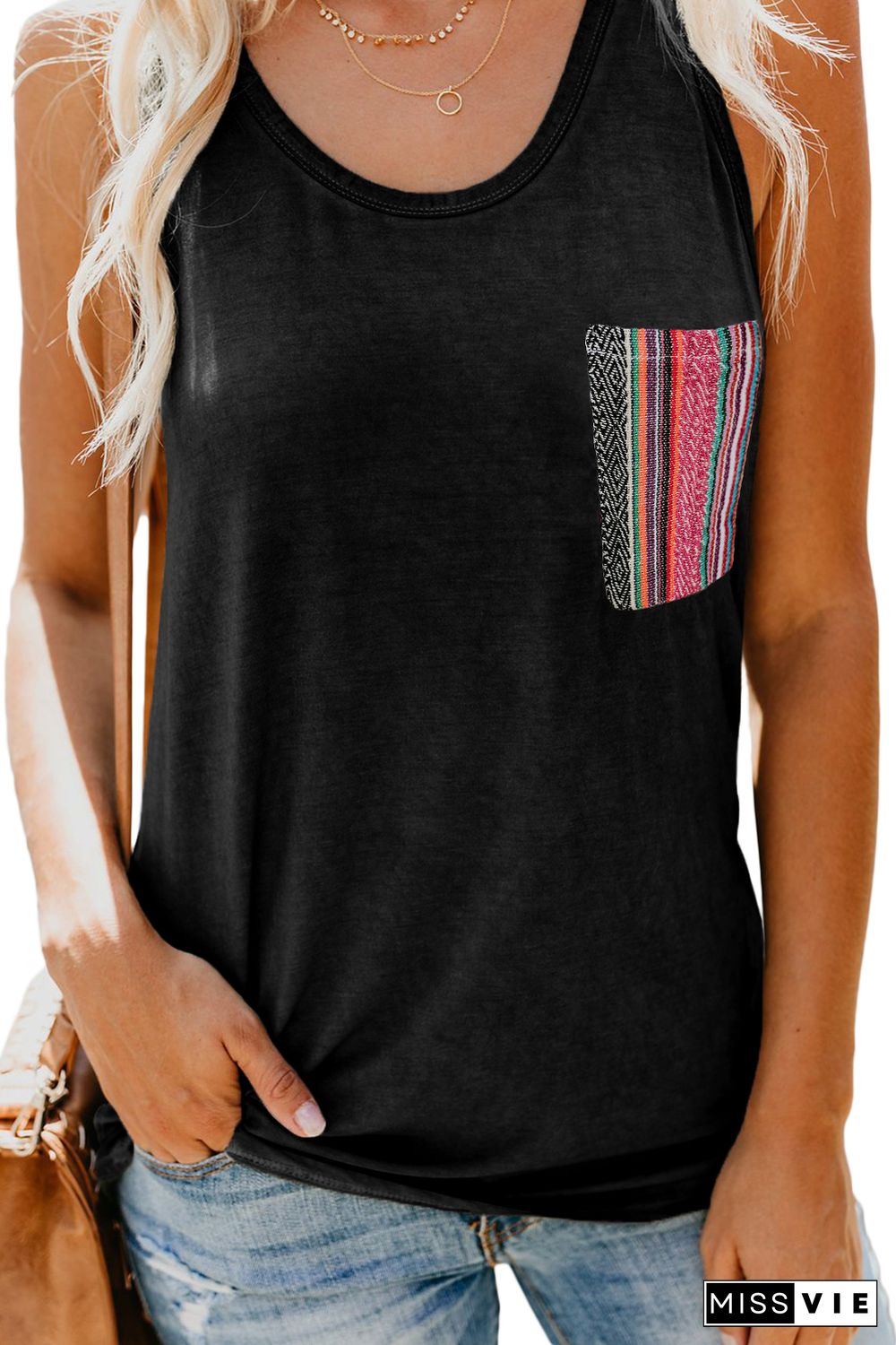 Black Casual Women Tank Top with Multicolor Pocket