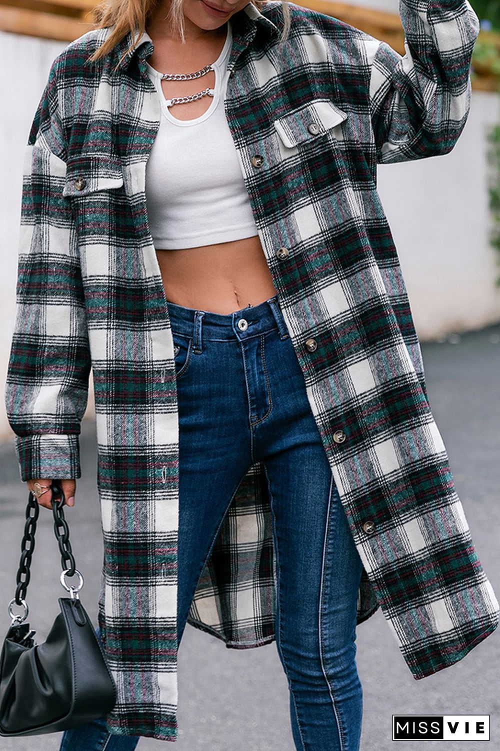 Plaid Long Length Open Button Jacket Coats