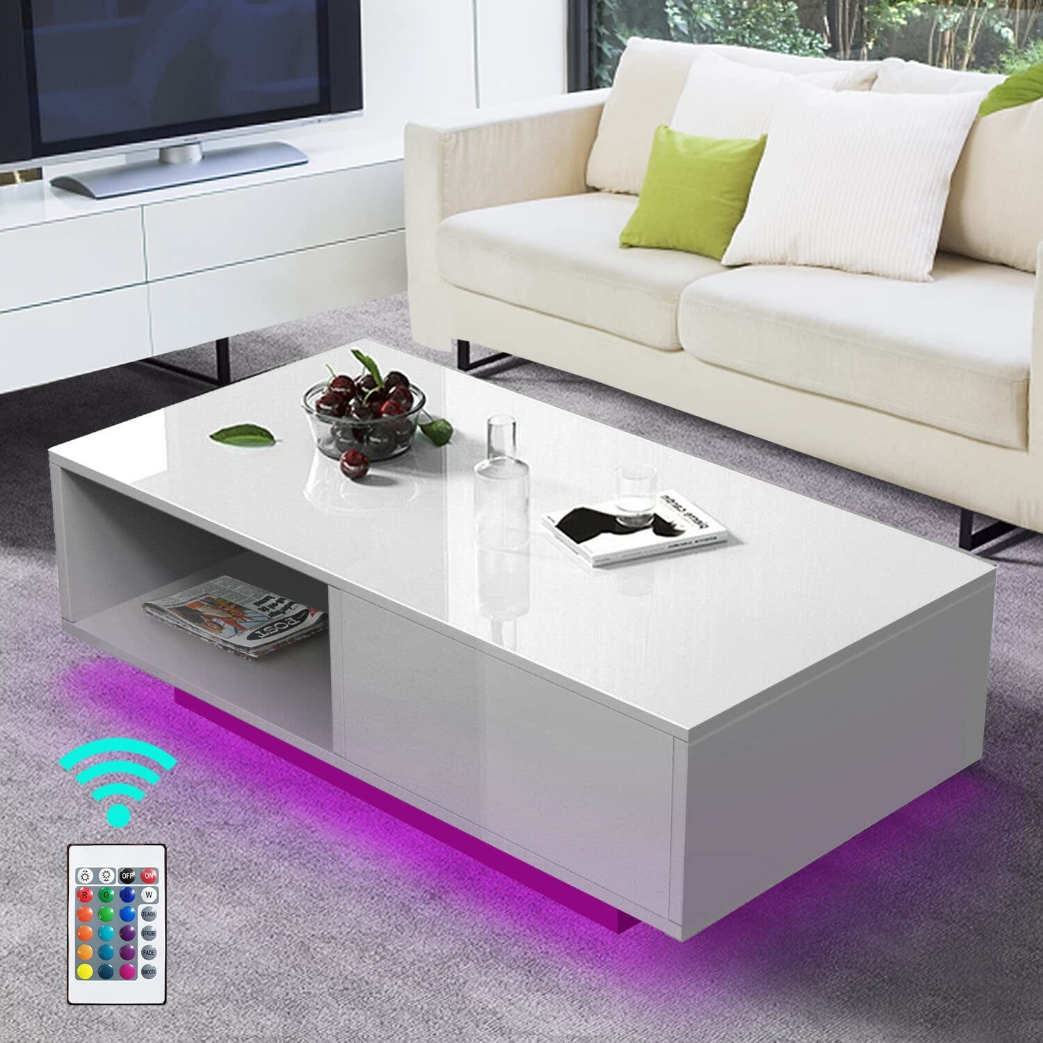 High Gloss Coffee Table with 16 Colors LED Lights， Living Room Side Table， Modern Sofa Table - as picture