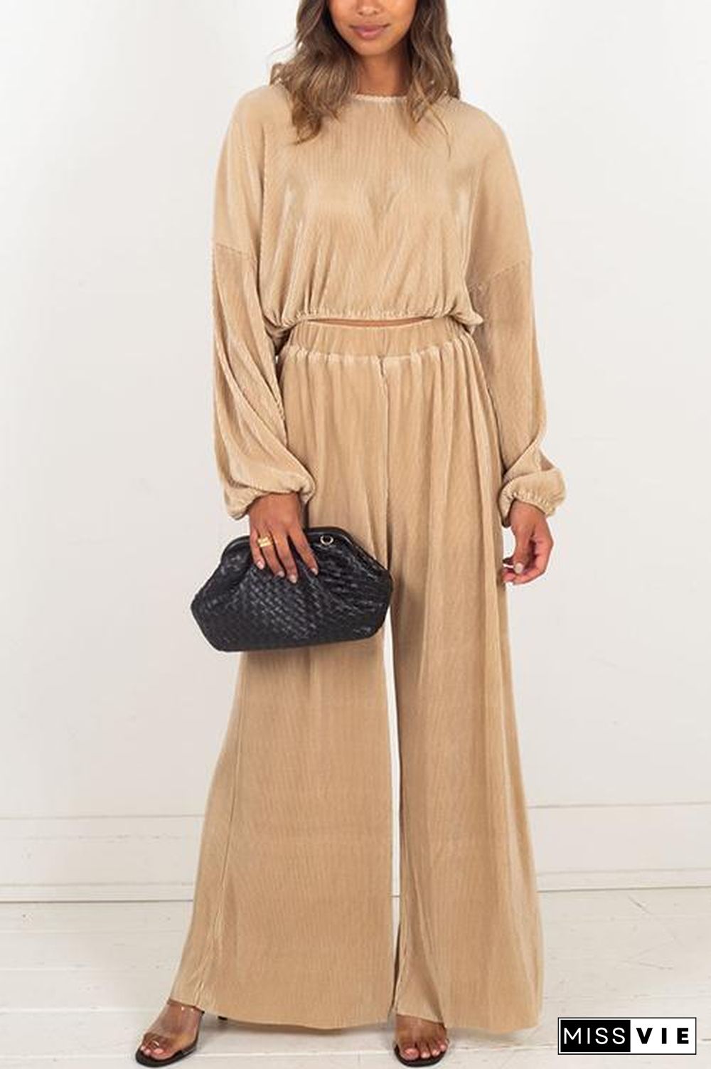 Pleated Crop Blouse Wide Leg Pants Set