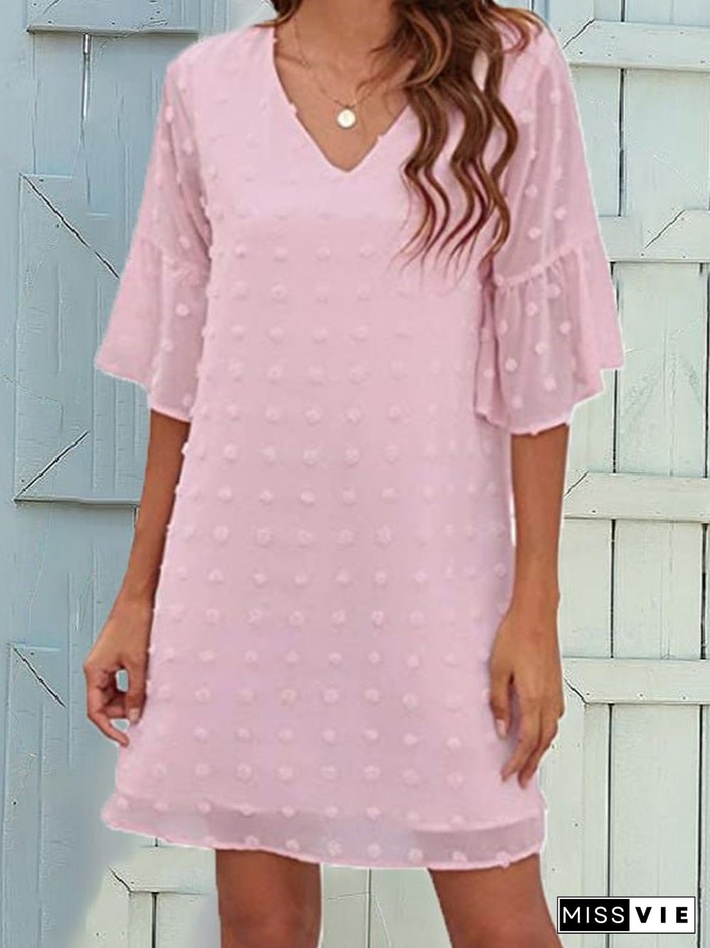 Women'S Dresses Solid Jacquard Dots Chiffon Short Sleeve Dress