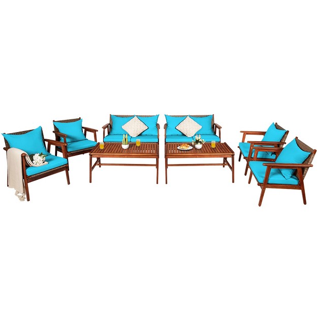 Costway 8pcs Patio Rattan Furniture Set Acacia Wood Frame Cushioned Sofa Chair Turquoise