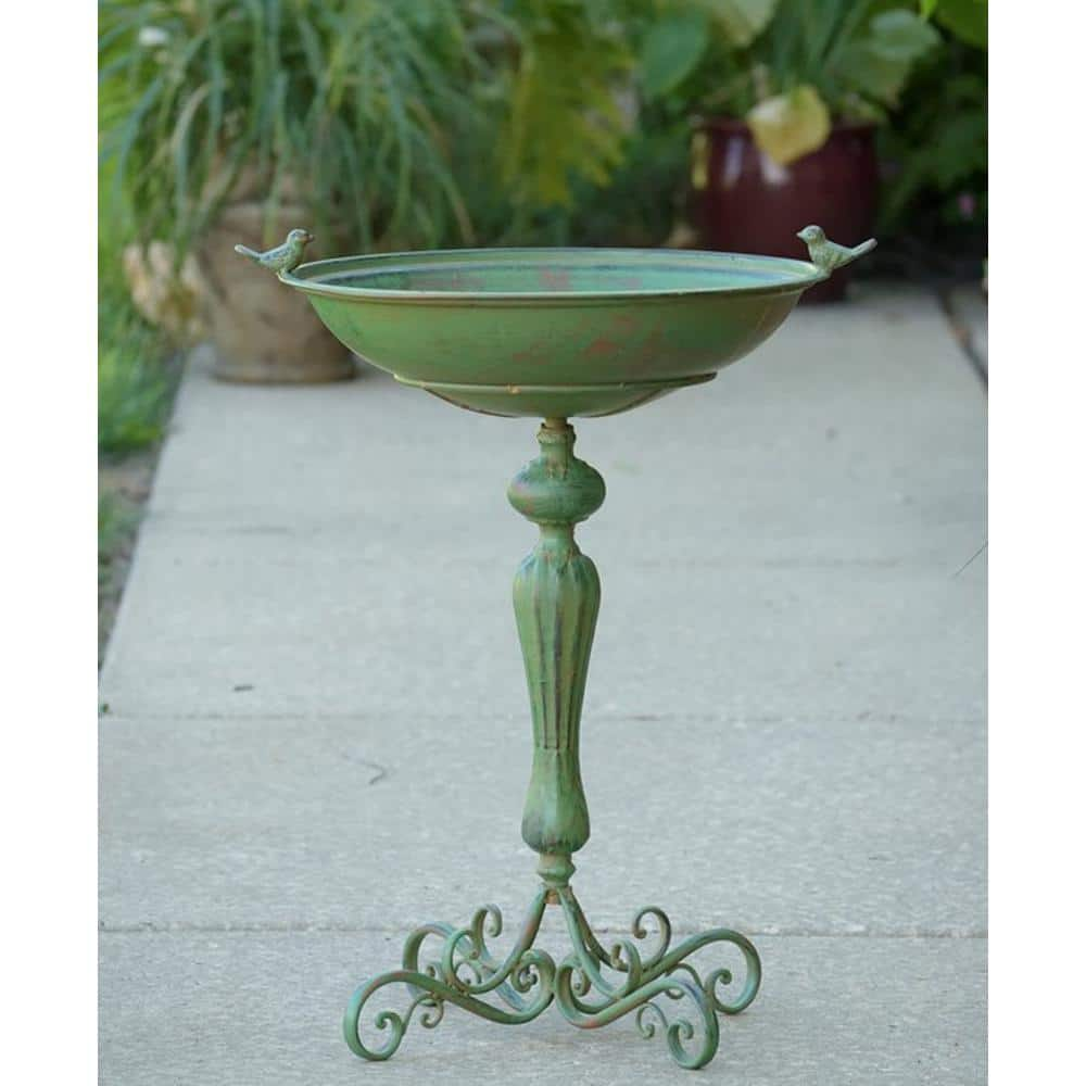 Zaer Ltd. International Iron Pedestal Birdbath with Little Bird Detail in Antique Green ZR160318-GR