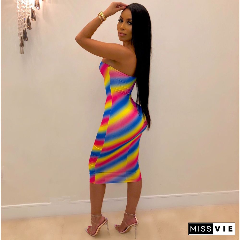 Rainbow Stripes Sexy Strapless Maxi Dress