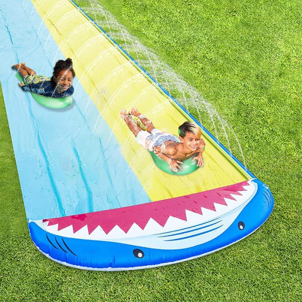 Lavinya Dual Lane Slip with 2 Bodyboards, Inflatable Lawn Water Slides Best Summer Toy with Build in Sprinkler for Children Waterslide Super Toy Play 16ft x 55in