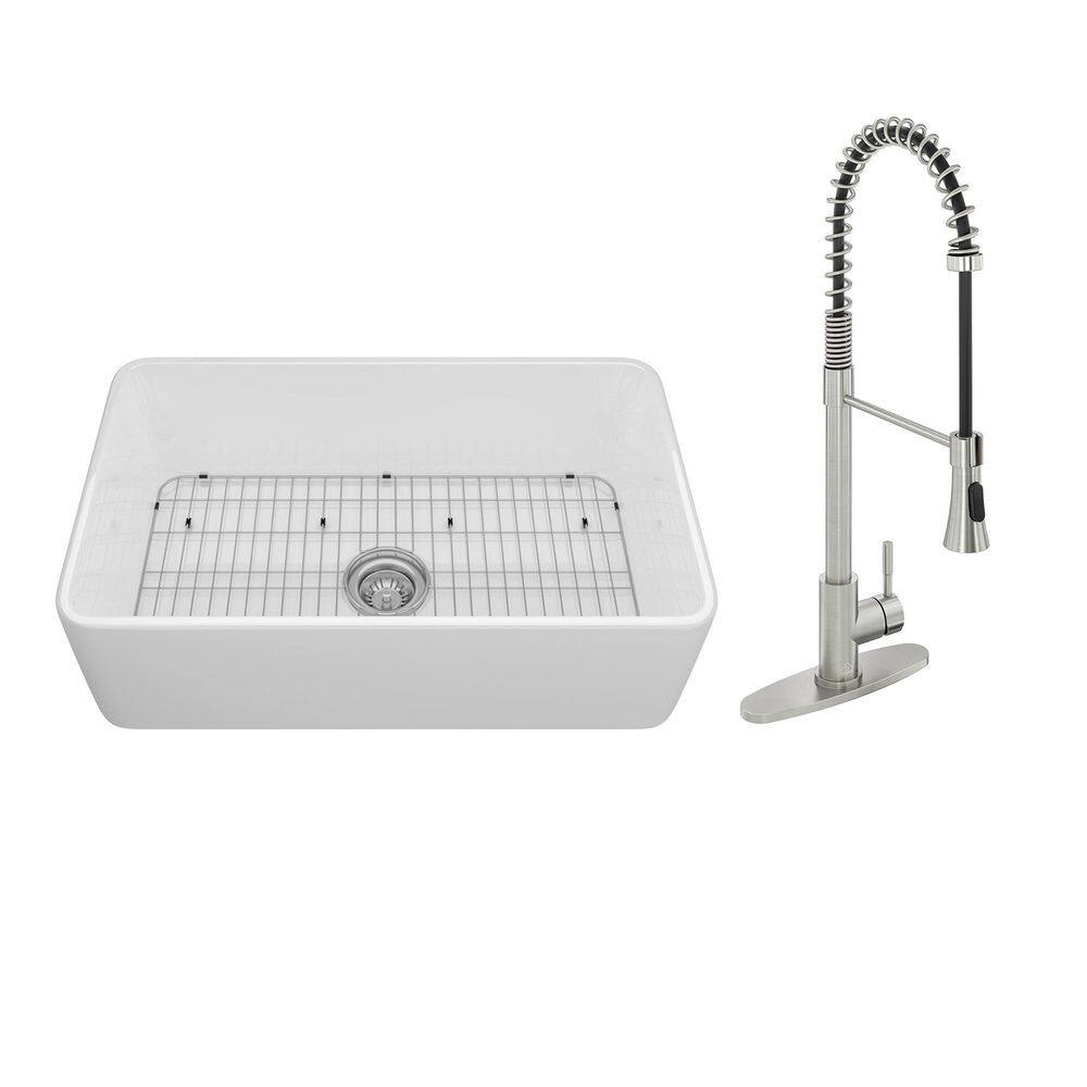 CASAINC White Fireclay 30 in. Single Bowl Farmhouse Apron Kitchen Sink with Two Function Spray Kitchen Faucet CA-W30-D0674BN