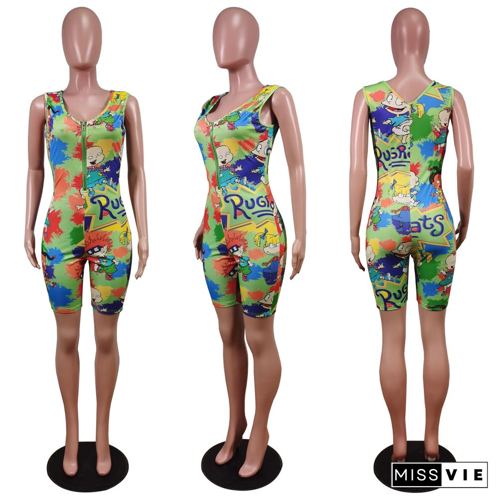 Sports Zipper Sleeveless Cartoon Print Rompers