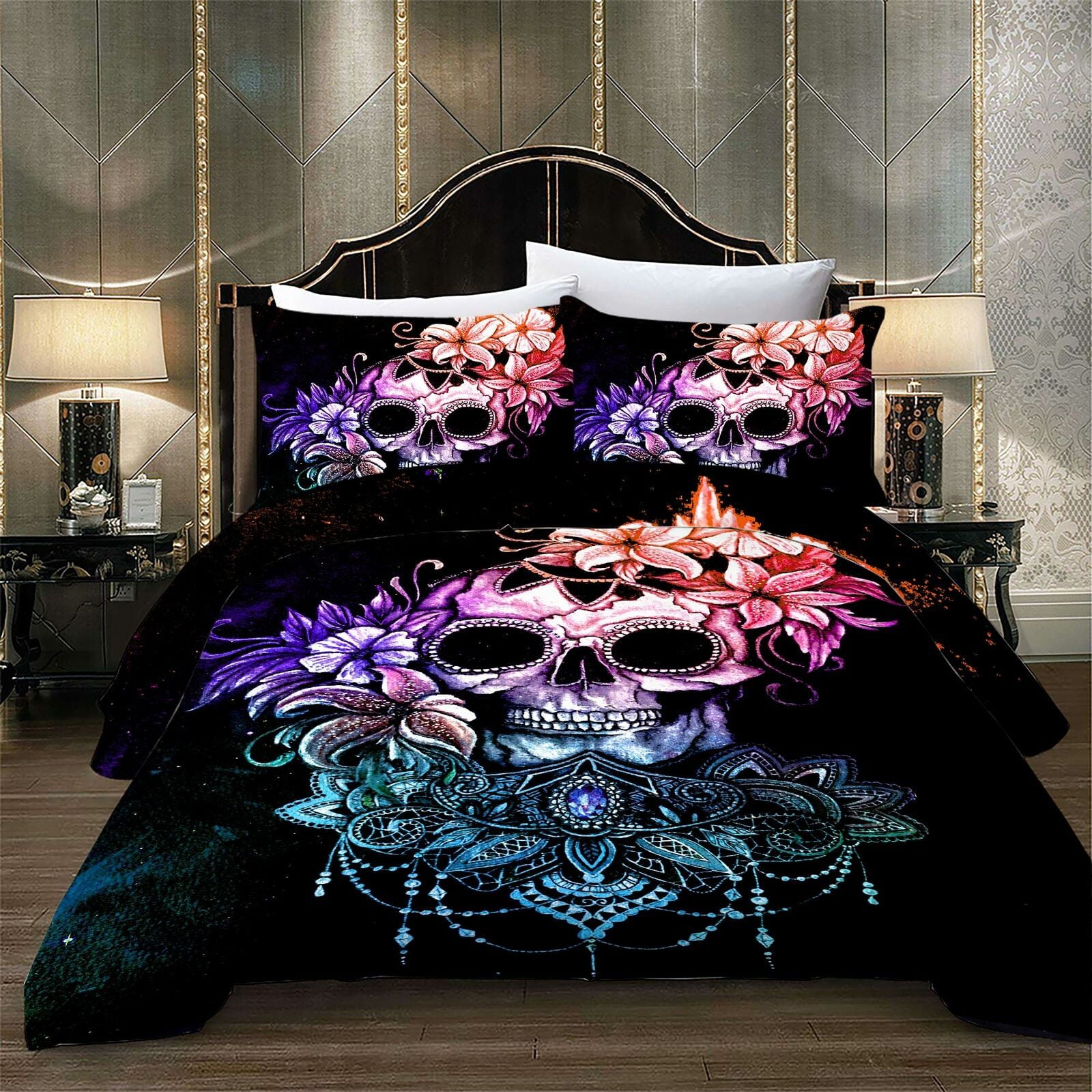 Halloween Bed Gift 3D Color Skull Bedding Set Duvet Cover Set with Bag 3D Print Bedroom Decoration，Full (80