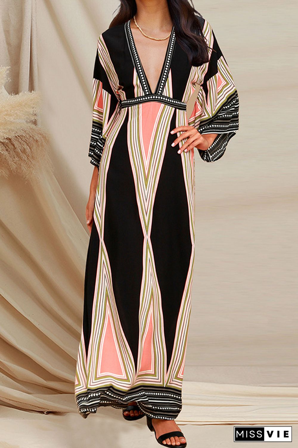 Deep V Neck Geometric Patterns Long Dress Wholesale