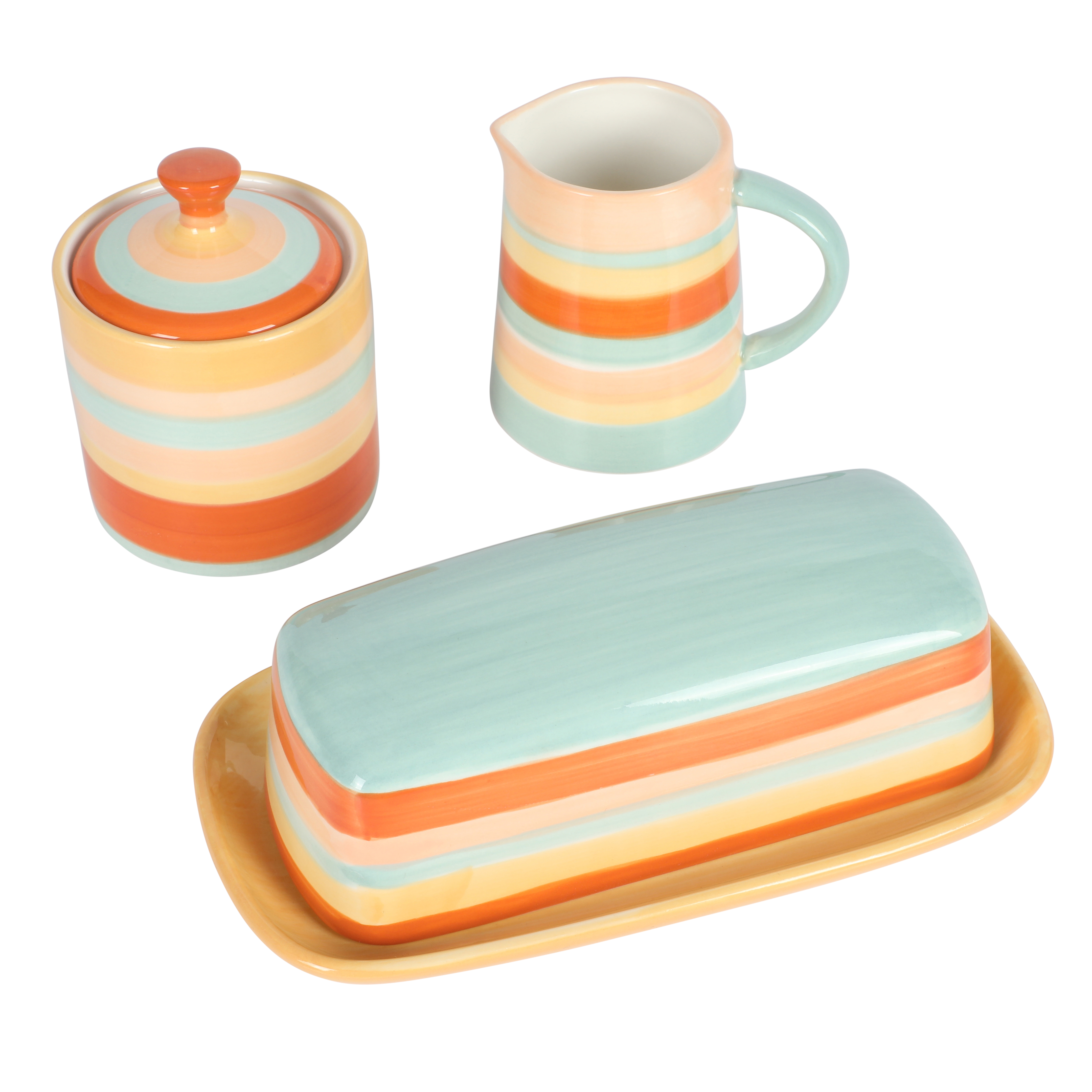 Wanda June Home Vintage Stripe Orange Stoneware Butter Dish， Sugar and Creamer Set by Miranda Lambert