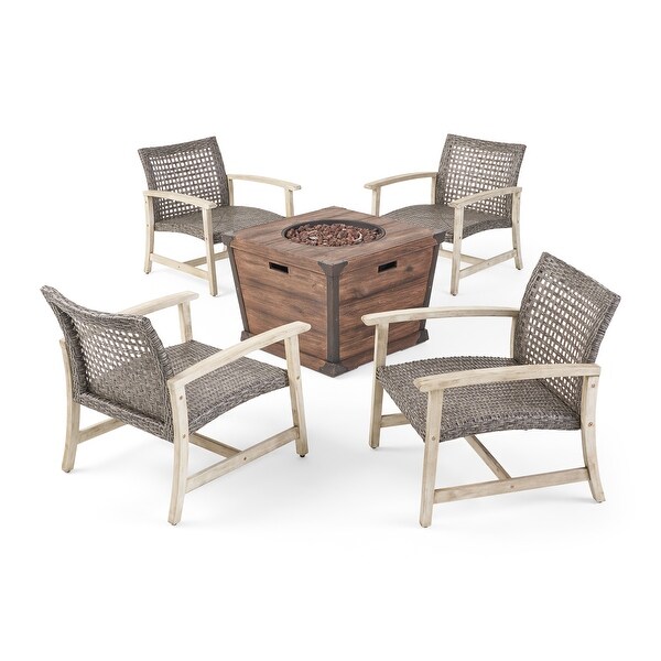 Hampton Outdoor Wood and Wicker Club Chair Set with Fire Pit by Christopher Knight Home