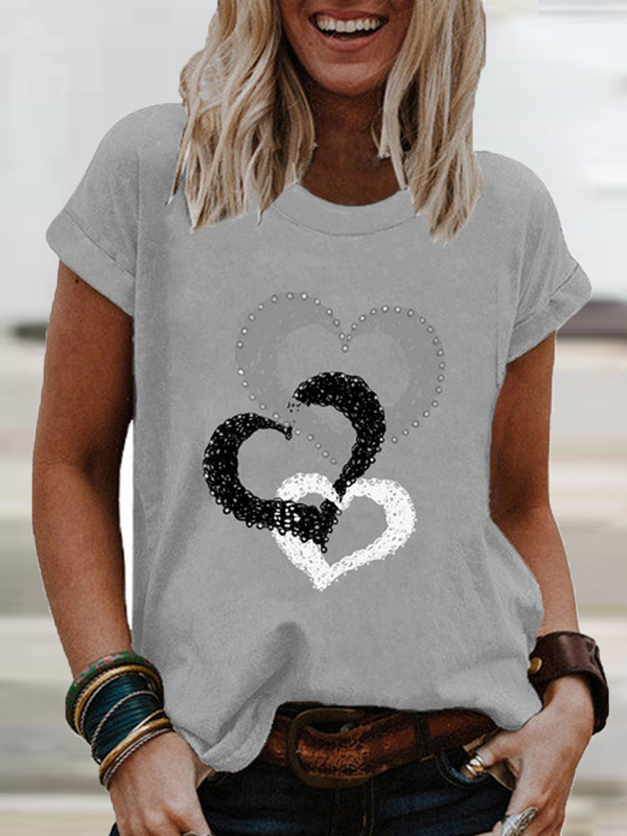 Ladies Love Print Round Neck Short Sleeve T-shirt