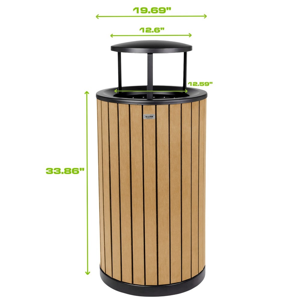 Alpine ALP4400-01-CD-RB Round 32-Gallon Outdoor Trash Can with Recycled Plastic Panels and Rain Bonnet Lid， Cedar