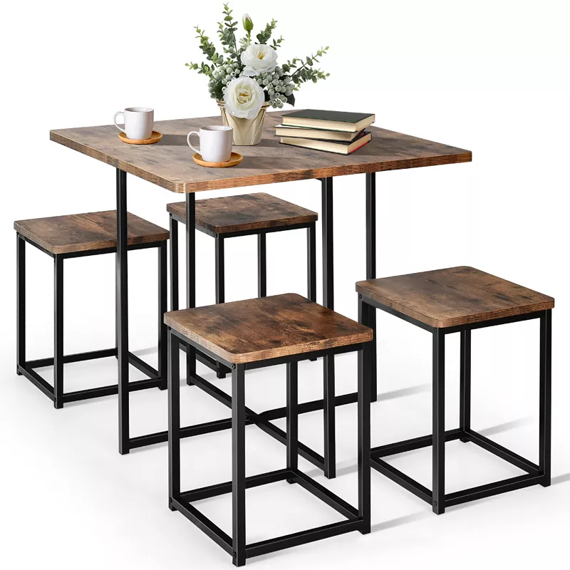 5 Pieces Metal Frame Dining Set with Compact Dining Table and 4 Stools