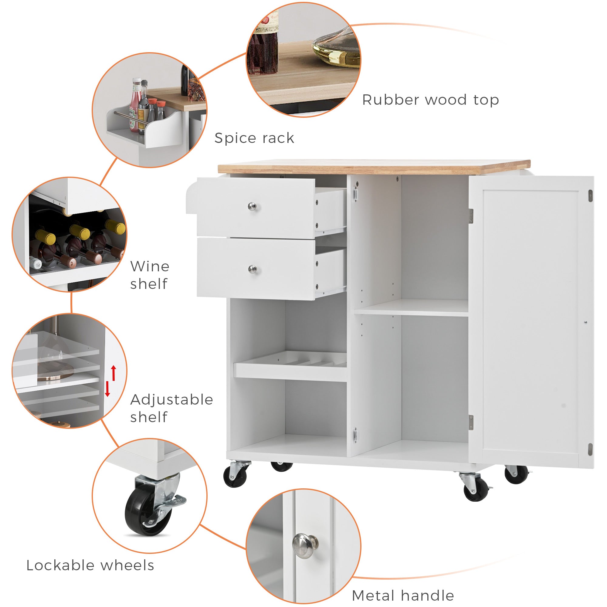 Hombay Modern Mobile Kitchen Island with Storage, Wood Kitchen Cart Organizer with Drawers Door Shelves and Spice Rack, 4 Wheels Rolling Lockable