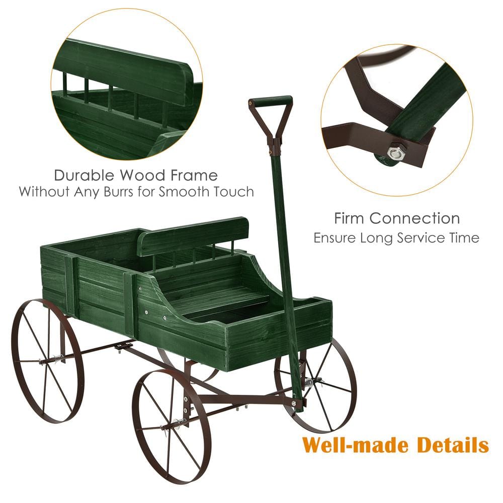 HONEY JOY Wooden Garden Flower Planter Wagon Wheel Plant Bed Decorative Garden Planter for Backyard Garden Green TOPB004890