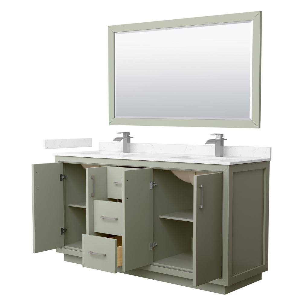 Wyndham Collection 66 in. W x 22 in. D x 35 in. H Double Bath Vanity in Light Green with Carrara Cultured Marble Top and 58 in. Mirror WCF111166DLGC2UNSM58